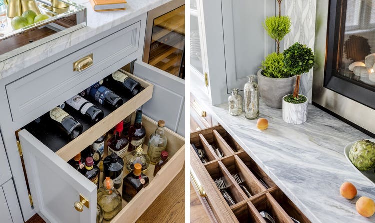 Stainless steel Wolf cooking appliances shown integreated in marble countertop and tile backsplash