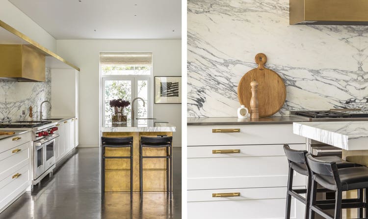 The marble veining is so amazing, we didn’t want anything to compete with it, says Todhunter, who included just one upper cabinet on the side of the room with the backsplash.