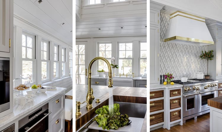 Bright and airy kitchen high on both style and function featuring Wolf Range with a teardrop-mosaic backsplash