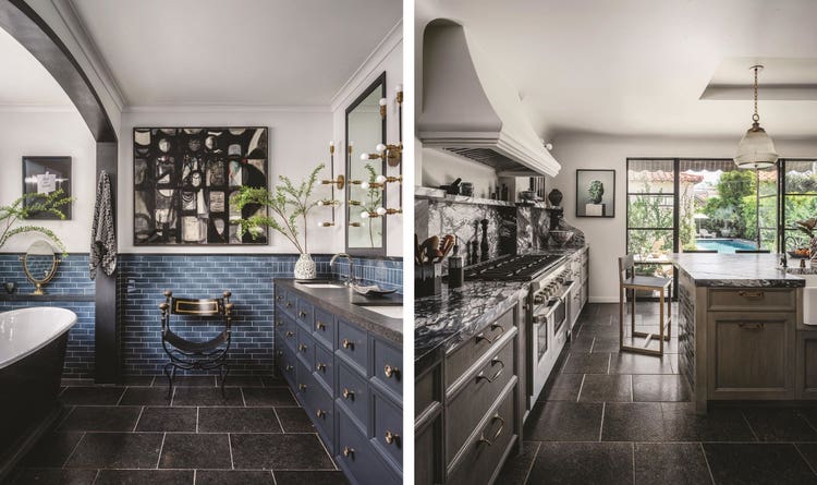 Margaux cast iron bathtub from Waterworks, Ann Sacks Elements Eclipse Gloss tile, and cabinetry from The Golden Lion.