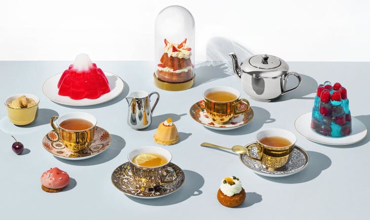 Teacups and saucers from the studio’s recent collaboration with the Victoria & Albert Museum.